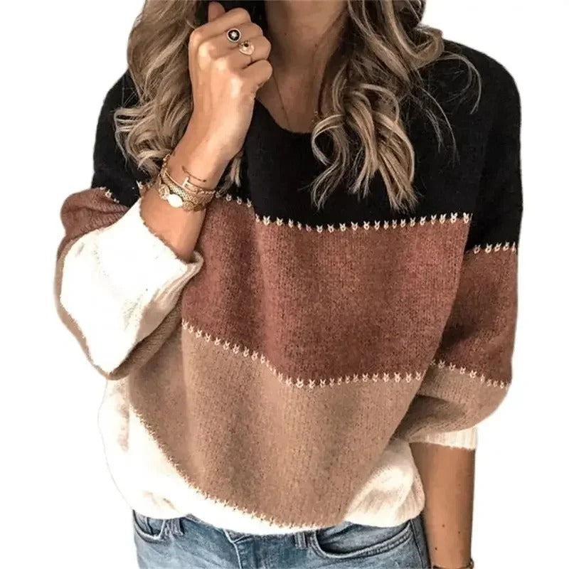 Trendy Warmth: Color Block Lantern Sleeve Sweater – Casual Loose Knit for Women