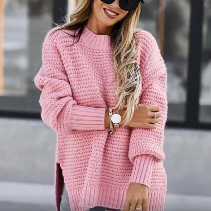 Cozy Elegance: One-Size Women's Sweater with Side Slit – Fall/Winter Essential