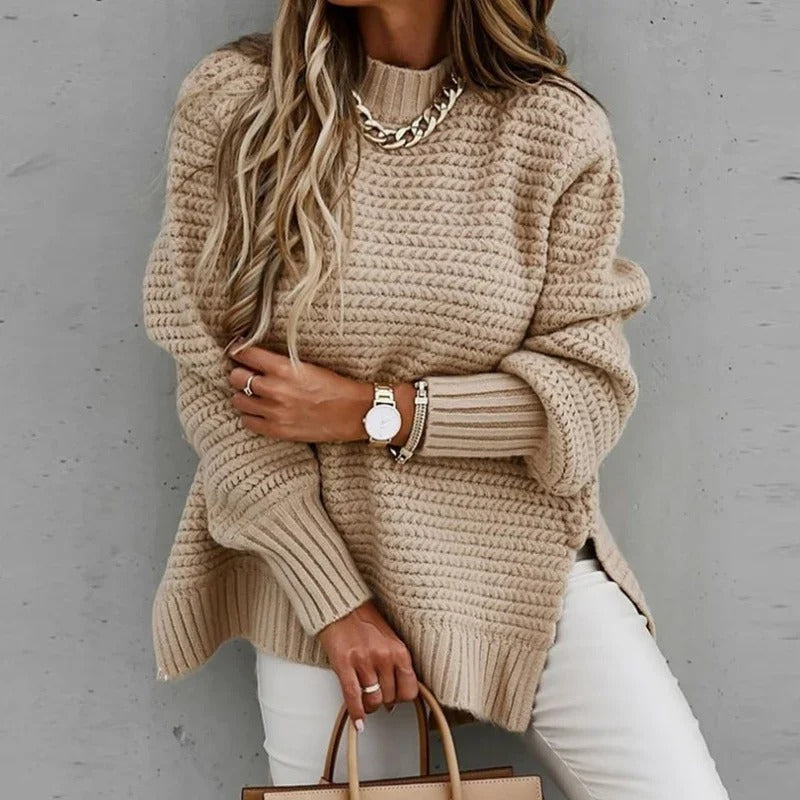 Cozy Elegance: One-Size Women's Sweater with Side Slit – Fall/Winter Essential