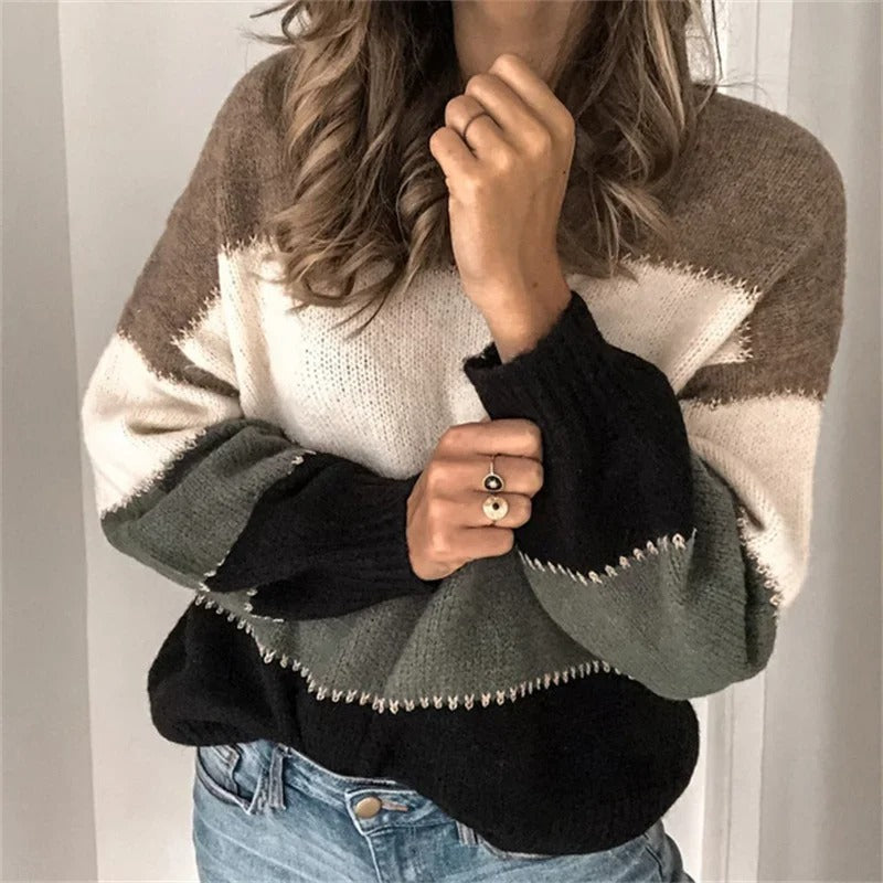 Trendy Warmth: Color Block Lantern Sleeve Sweater – Casual Loose Knit for Women